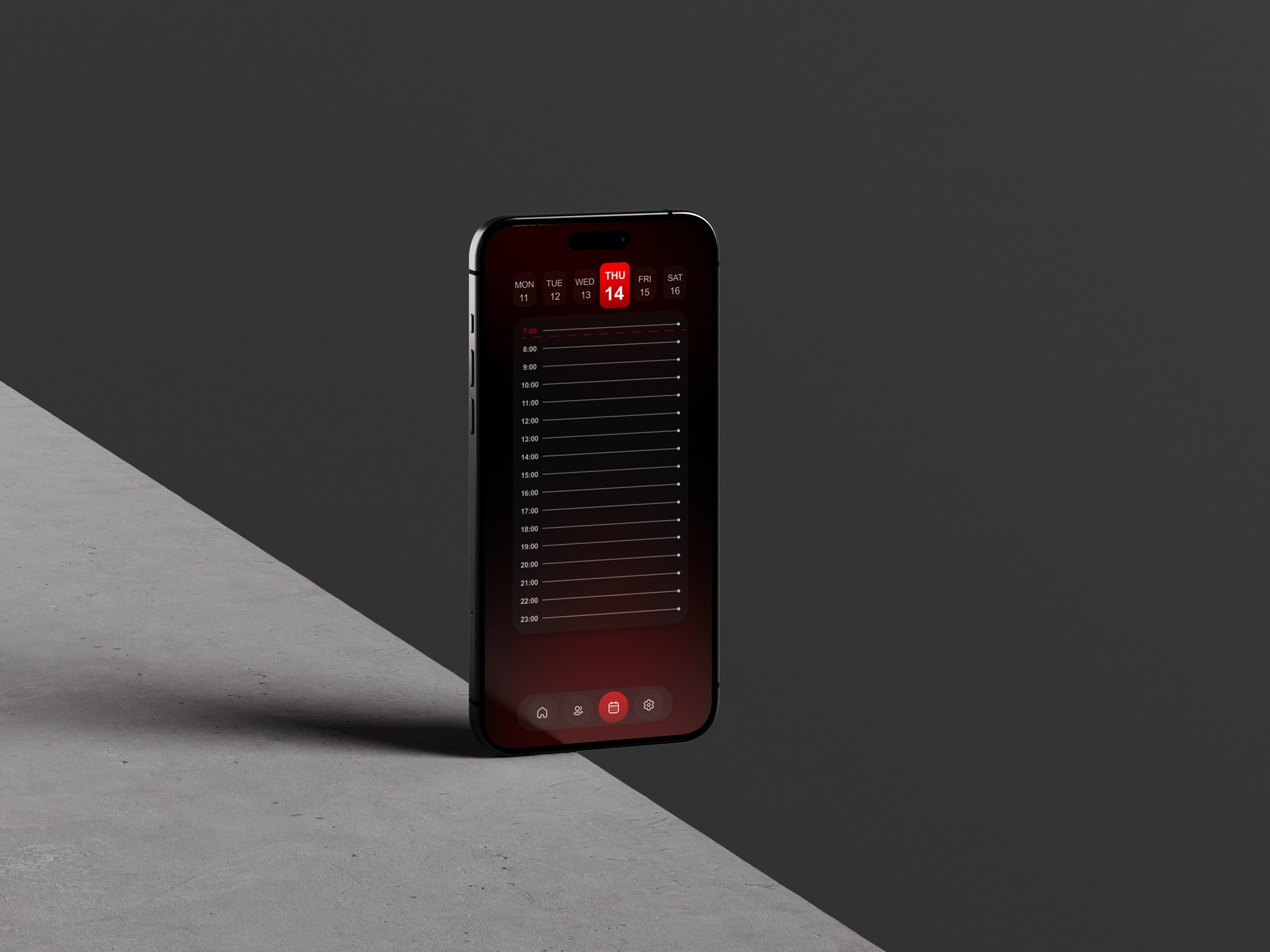 Aplikacja kalendarza na smartfonie z zaznaczonym czwartkiem, 14. dzień miesiąca, na tle szarej powierzchni. Minimalistyczny design interfejsu użytkownika.