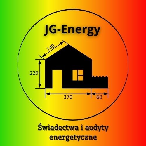 Grafika JG-Energy w okręgu z domem, wymiarami i napisem 'Świadectwa i audyty energetyczne' na tle gradientu zielono-żółto-czerwonym.