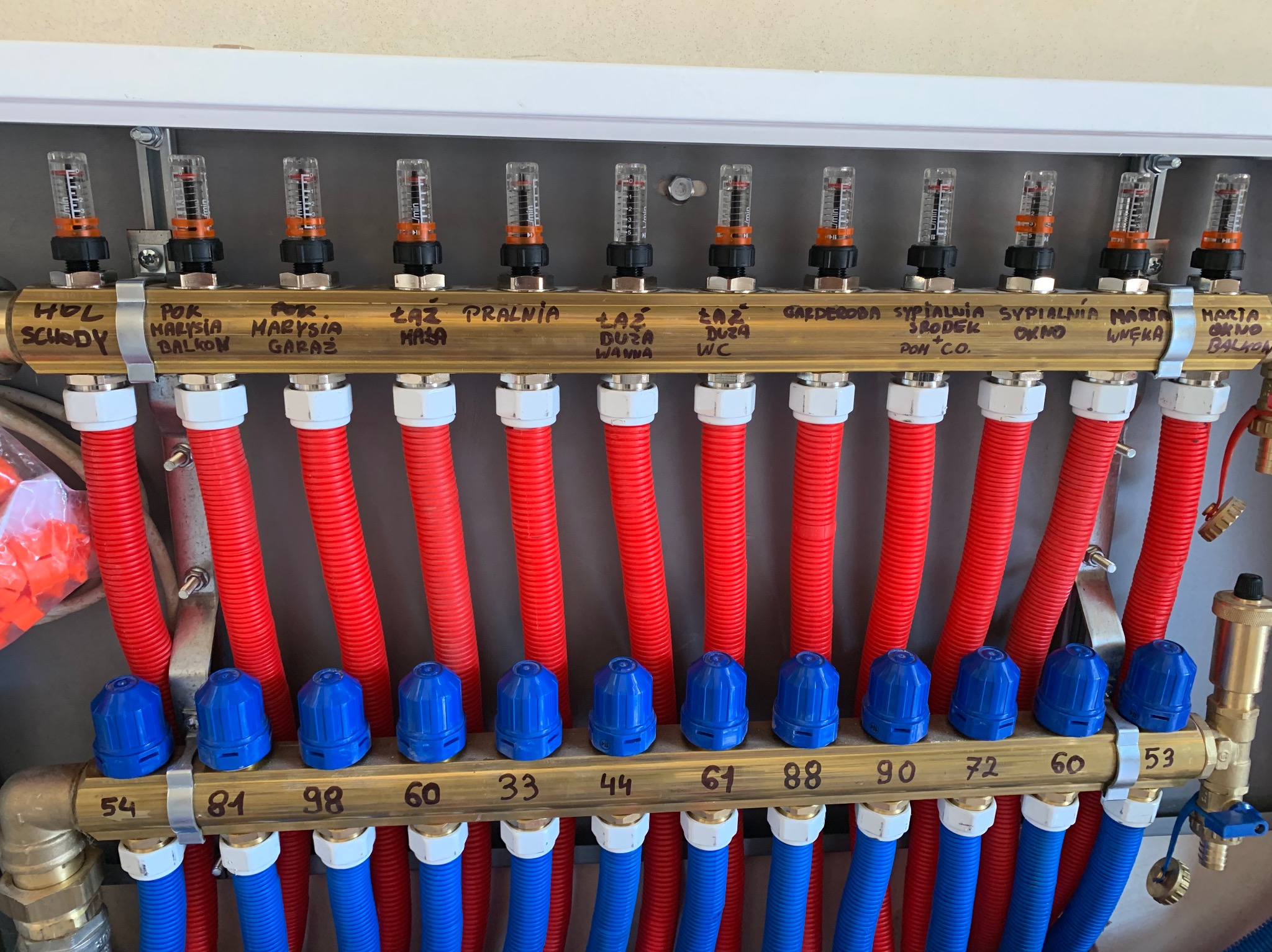 Rozdzielacz ogrzewania podłogowego z rurami w kolorze czerwonym i niebieskim, opisany nazwami pomieszczeń i wartościami przepływu, zamontowany w szafce.