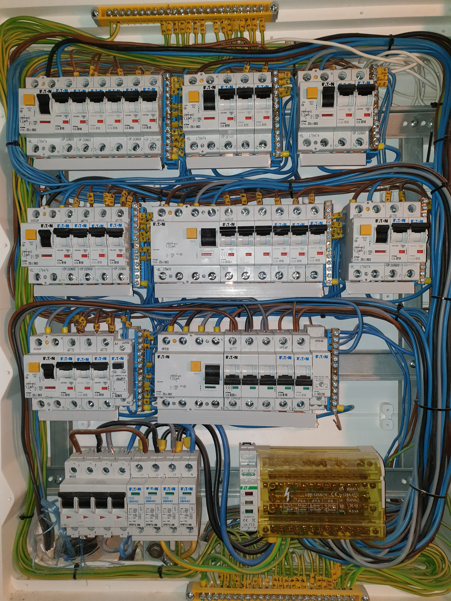 Rozdzielnia elektryczna z licznymi zabezpieczeniami Eaton, okablowaniem i listwami zaciskowymi. Widoczne bezpieczniki, przewody w różnych kolorach i oznaczenia.