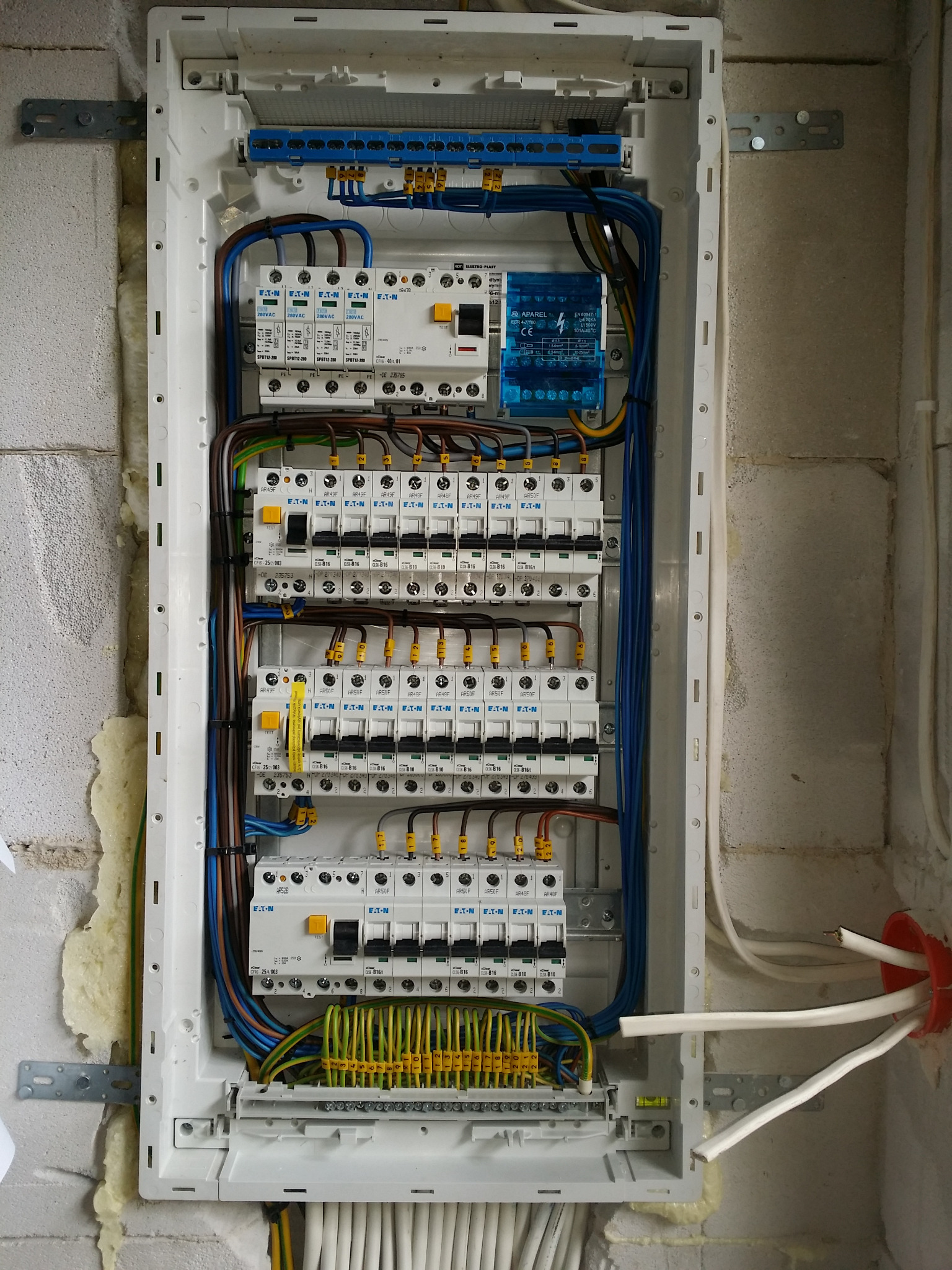 Rozdzielnica elektryczna z zainstalowanymi bezpiecznikami i przewodami, zamontowana na ścianie z bloczków. Widoczne zabezpieczenia przeciwprzepięciowe i listwy zaciskowe.