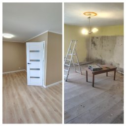 Jan Wróblewski - Porównanie: pokój po remoncie z nową podłogą i drzwiami vs. pokój przed remontem ze starą podłogą, drabina i narzędzia w tle. Widoczne zmiany w kolorystyce ścian.