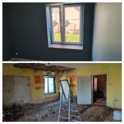 Jan Wróblewski - Zdjęcie 'przed i po' remontu pokoju: na górze pomalowane ściany i nowe okno, na dole pokój w trakcie demontażu, z resztkami starej farby i gruzem na podłodze.