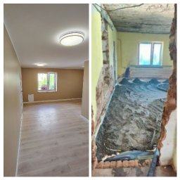 Jan Wróblewski - Zdjęcie 'przed i po' prezentujące odnowione wnętrze: po lewej wykończony pokój z panelami i oświetleniem, po prawej surowy stan z instalacją ogrzewania podłogowego.