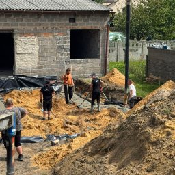 B.K. PROBUD SPÓŁKA Z OGRANICZONĄ ODPOWIEDZIALNOŚCIĄ - Prace ziemne przy fundamentach budynku z cegły. Widoczni robotnicy, sprzęt budowlany i wykop zabezpieczony folią. Dzień roboczy, naturalne oświetlenie.