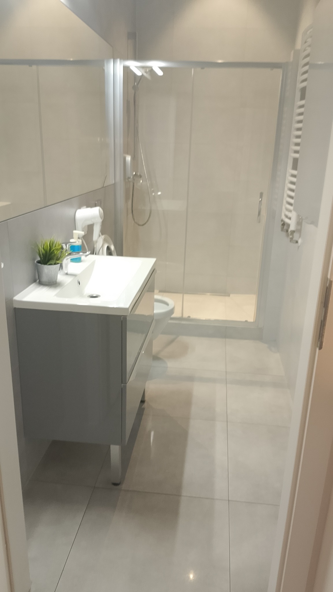 Nowoczesna łazienka z szarą szafką pod umywalką, kabiną prysznicową i jasnymi płytkami podłogowymi. Minimalistyczny design z akcentem roślinnym.