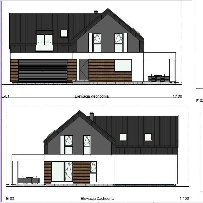 Rzut elewacji wschodniej i zachodniej nowoczesnego domu z ciemnym dachem i drewnianą elewacją, skala 1:100, widoczne oznaczenia E-01 i E-03.