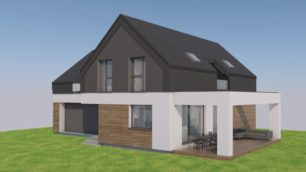 Wizualizacja domu z ciemnym dachem i jasną elewacją, z tarasem i meblami ogrodowymi. Ujęcie z perspektywy, prezentujące bryłę budynku i otoczenie.