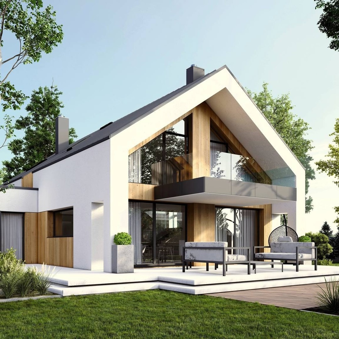 Nowoczesny dom z białymi ścianami, drewnianymi akcentami i dużymi oknami. Taras z meblami ogrodowymi i wiszącym fotelem. Minimalistyczny design, jasne oświetlenie.