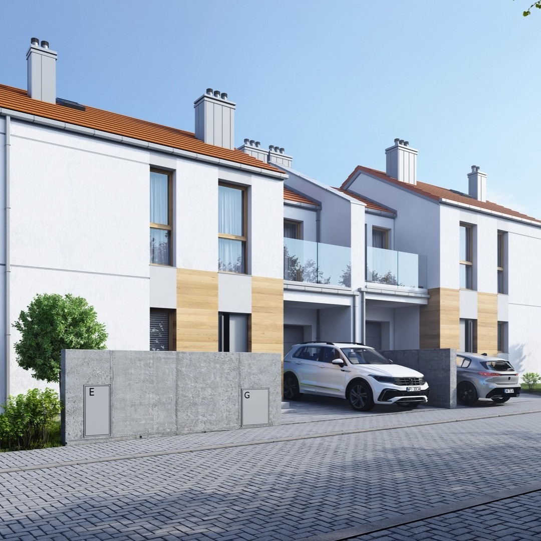 Wizualizacja szeregu nowoczesnych domów z białymi elewacjami, drewnianymi akcentami i szklanymi balkonami. Dwa samochody zaparkowane przed budynkami, kostka brukowa na podjeździe.