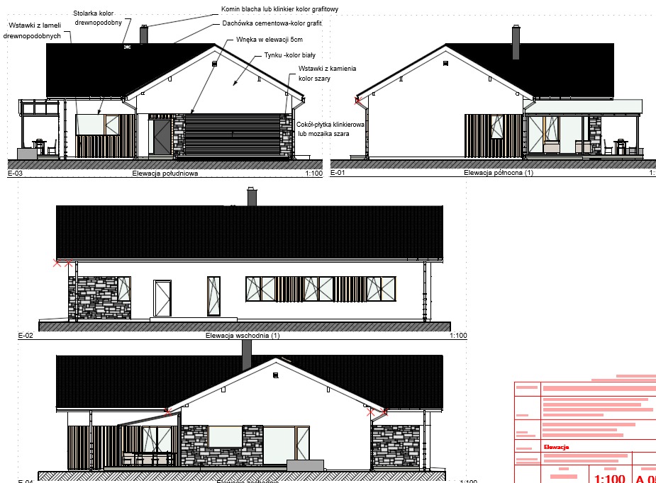 Rzut elewacji domu jednorodzinnego z detalami wykończenia: kamienne wstawki, drewnopodobne lamele, grafitowa dachówka i biały tynk. Skala 1:100.
