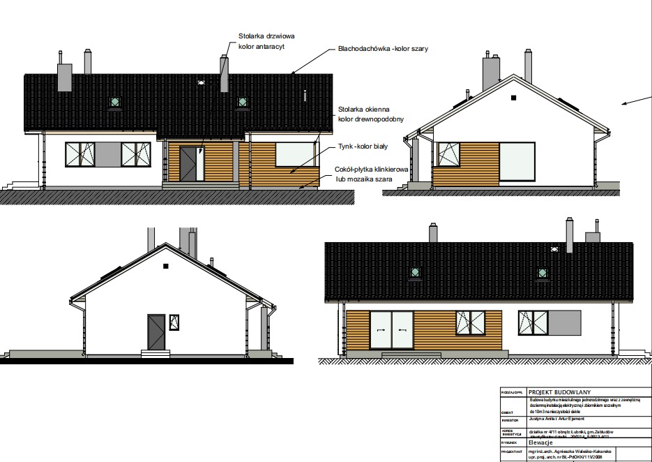 Projekt budowlany domu jednorodzinnego: elewacje z detalami stolarki (antracytowa, drewnopodobna), białego tynku i szarej blachodachówki. Widok z czterech stron.