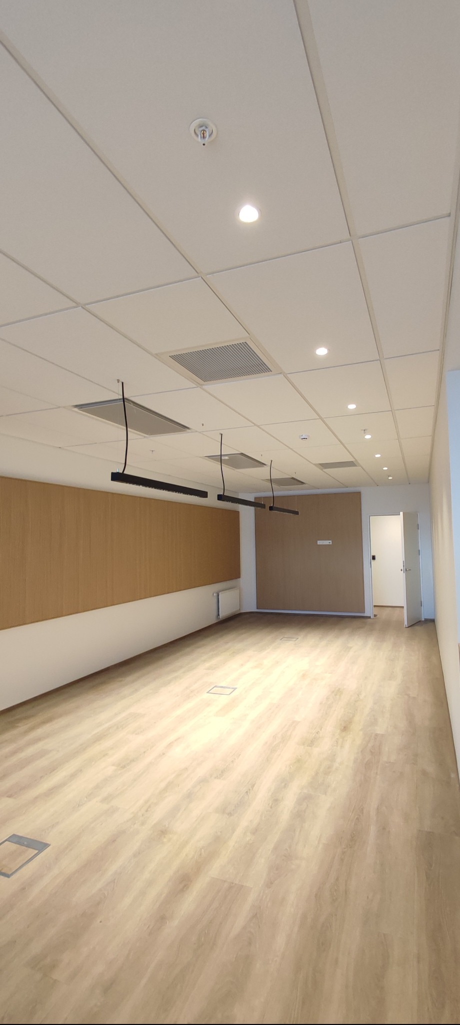 Nowoczesne biuro z drewnianą podłogą i panelami ściennymi. Widoczne lampy sufitowe, kratki wentylacyjne i czujnik dymu. Minimalistyczny design, jasne wnętrze.