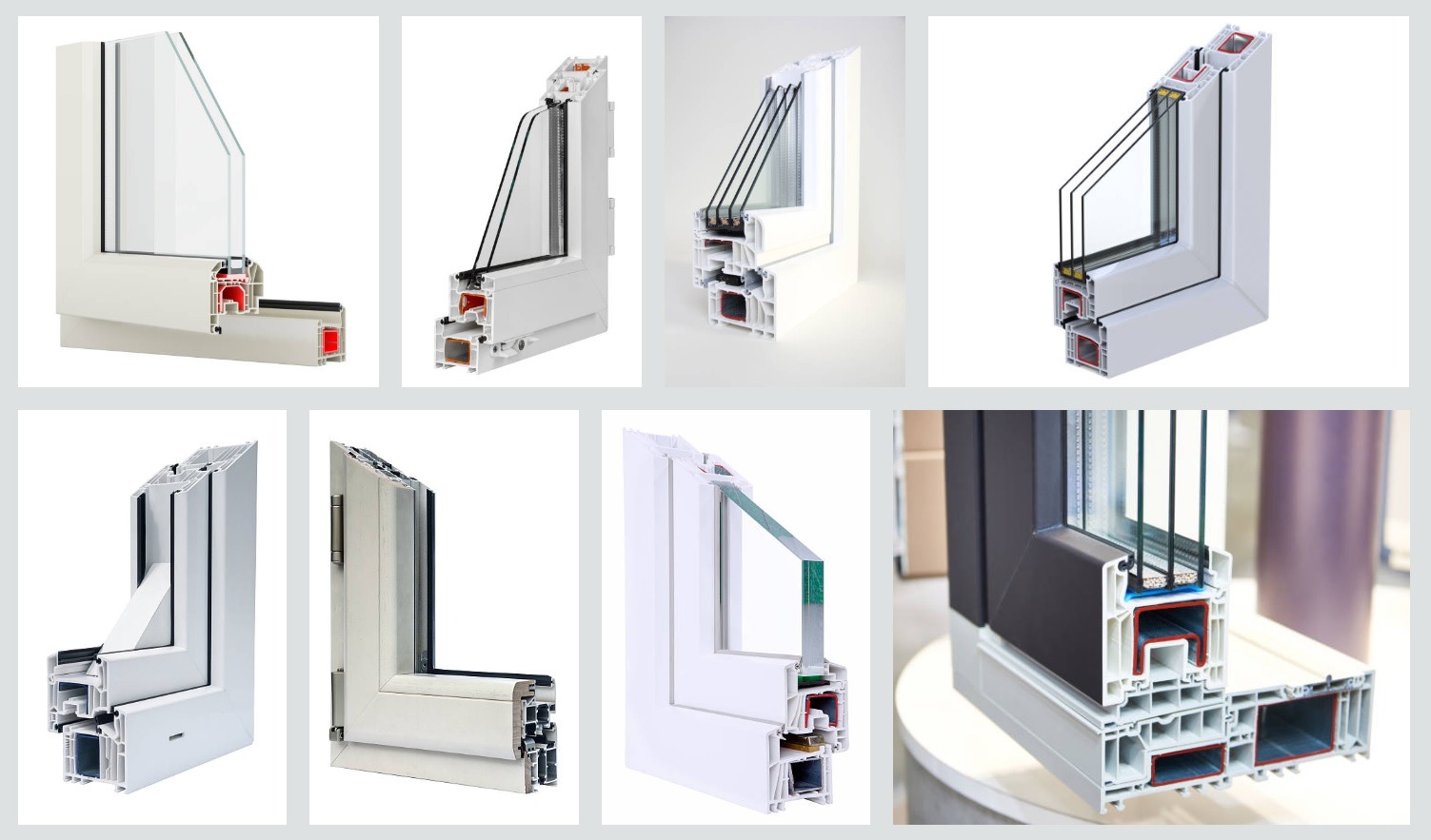Przekroje okien PCV i aluminiowych, prezentujące konstrukcję ramy, uszczelki i szyby zespolone. Widoczne detale profili i komór powietrznych.