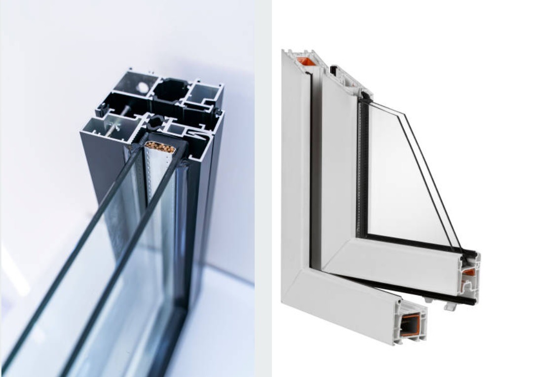 Przekrój okna aluminiowego z widoczną strukturą profilu i szybą zespoloną, obok przekrój okna PCV z uszczelkami i komorami powietrznymi na białym tle.