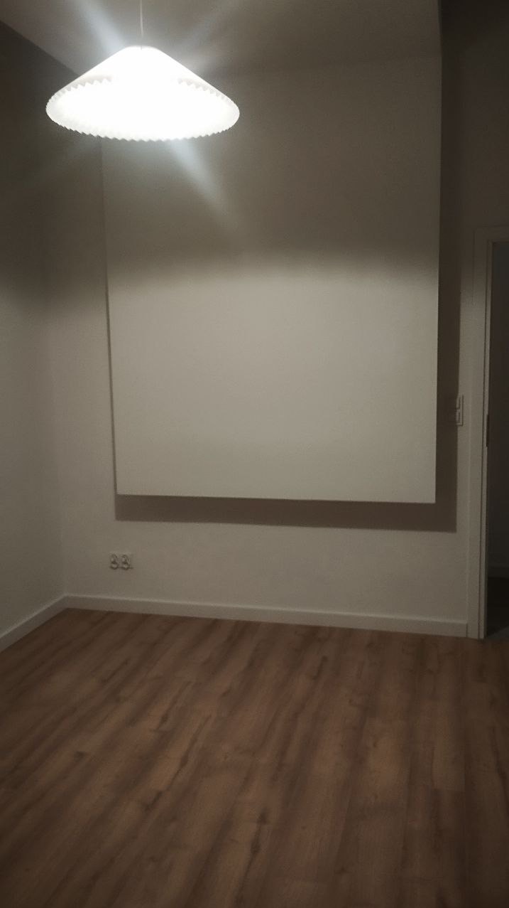 Pusty pokój po remoncie: gładkie, białe ściany, drewniana podłoga, widoczna lampa sufitowa. Świeżo wykończone wnętrze gotowe do umeblowania.