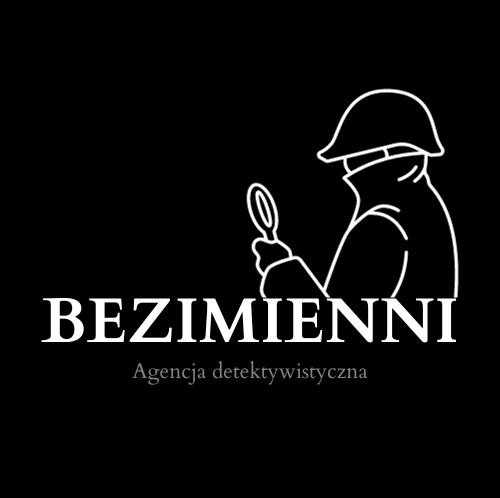 Grafika: Stylizowany detektyw z lupą na czarnym tle, logo 'BEZIMIENNI Agencja detektywistyczna'. Minimalistyczny design, białe kontury, nowoczesny branding.