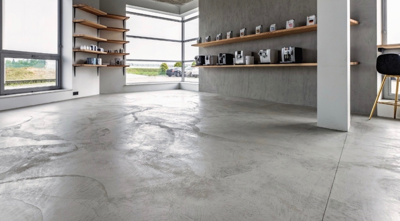 Jasnoszara posadzka z efektem chmurkowania w przestronnym wnętrzu z oknami i drewnianymi półkami. Widoczne ekspresy do kawy i inne akcesoria na półkach.