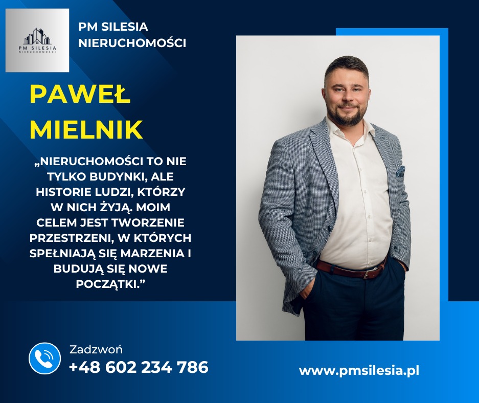 Profesjonalny portret Pawła Mielnika z PM Silesia Nieruchomości na tle granatowo-białym. Uśmiechnięty agent w marynarce i koszuli, z numerem telefonu i adresem strony.