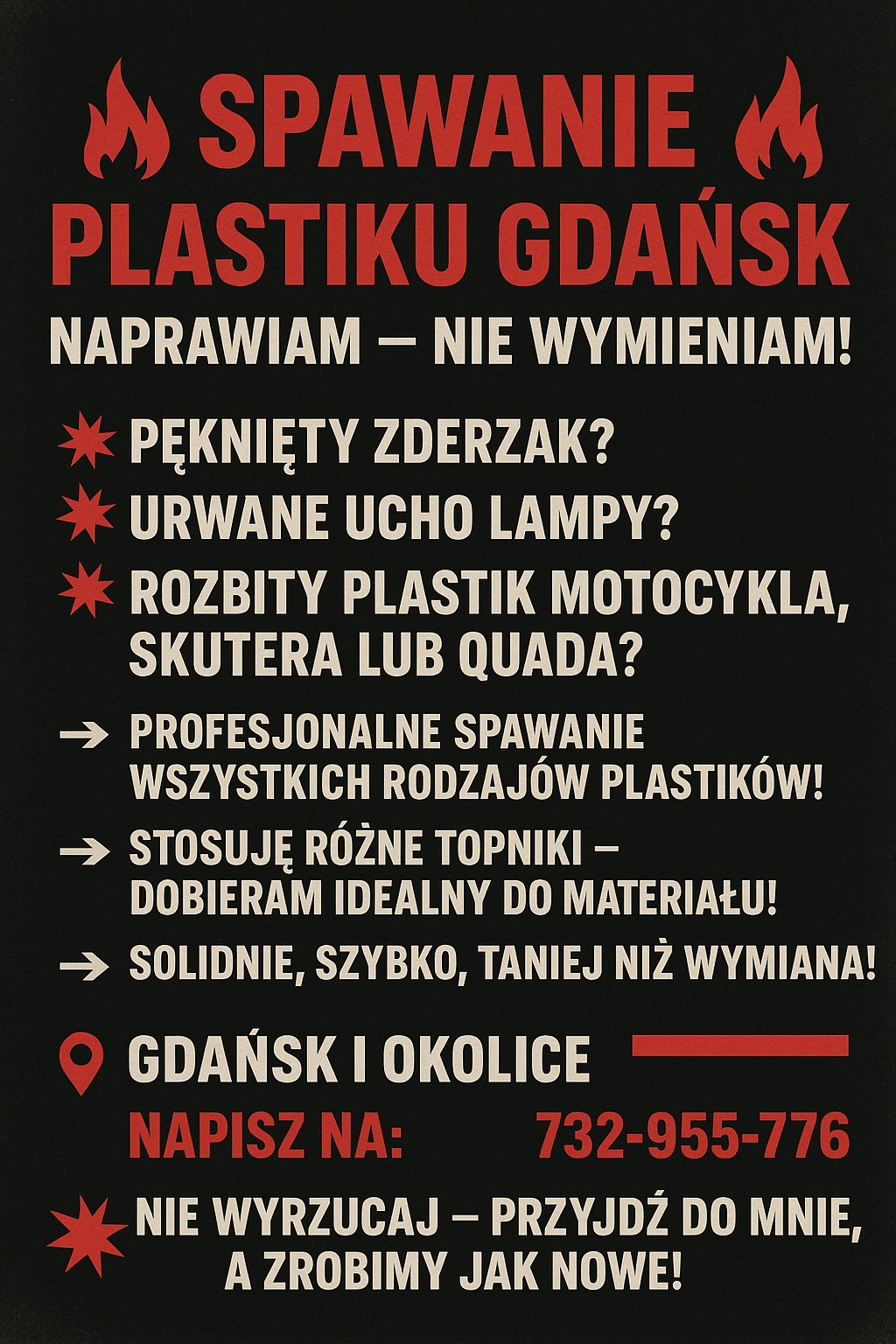 Ogłoszenie o spawaniu plastiku w Gdańsku: naprawa zderzaków, lamp, plastików motocykli i skuterów. Solidnie, szybko, taniej niż wymiana. Kontakt telefoniczny.