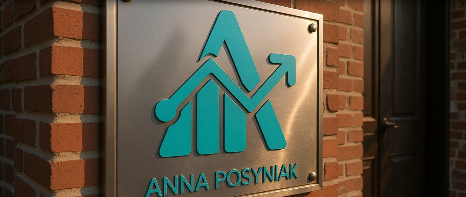 Szyld ze stali szczotkowanej z turkusowym logo i nazwą 'ANNA POSYNIAK' na ceglanej ścianie budynku, obok ciemnych drzwi wejściowych.