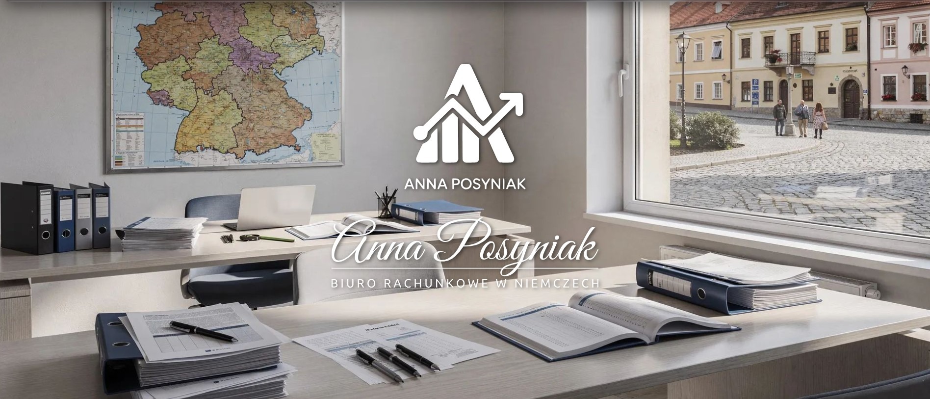 Biuro rachunkowe: biurka z dokumentami, laptop, logo firmy Anna Posyniak, mapa Niemiec na ścianie, widok na rynek miasta przez okno. Jasne, przestronne wnętrze.