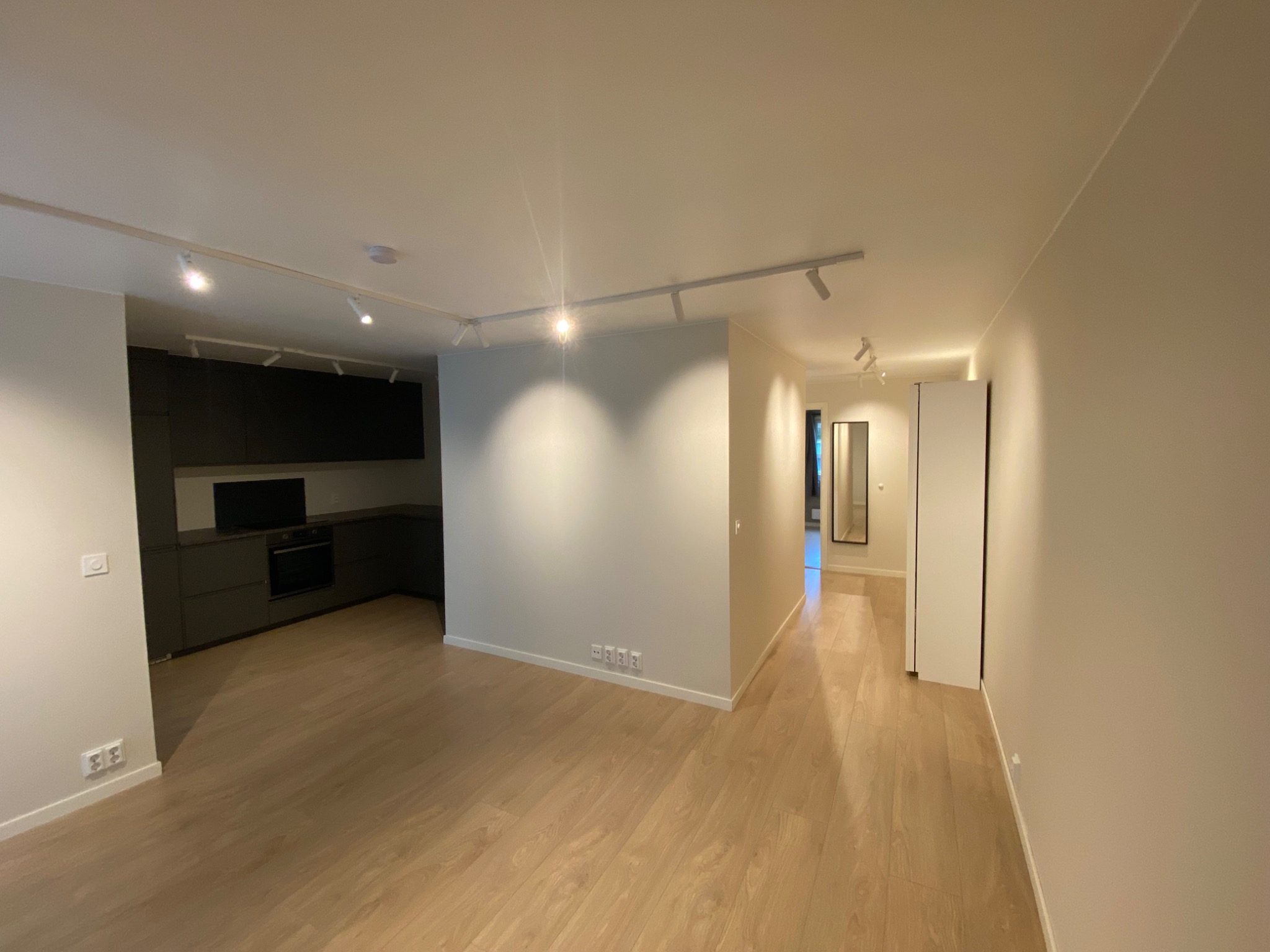 Jasne, przestronne wnętrze po remoncie: parkiet, szara zabudowa kuchenna, oświetlenie punktowe. Widok na korytarz z lustrem. Minimalistyczny design.