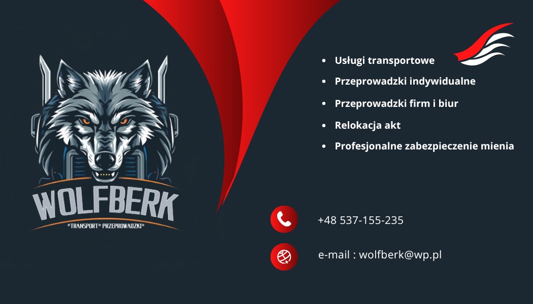 Grafika firmy transportowej Wolfberk z motywem wilka, oferującej przeprowadzki indywidualne, firm i relokację akt. Kontakt: +48 537-155-235, wolfberk@wp.pl.
