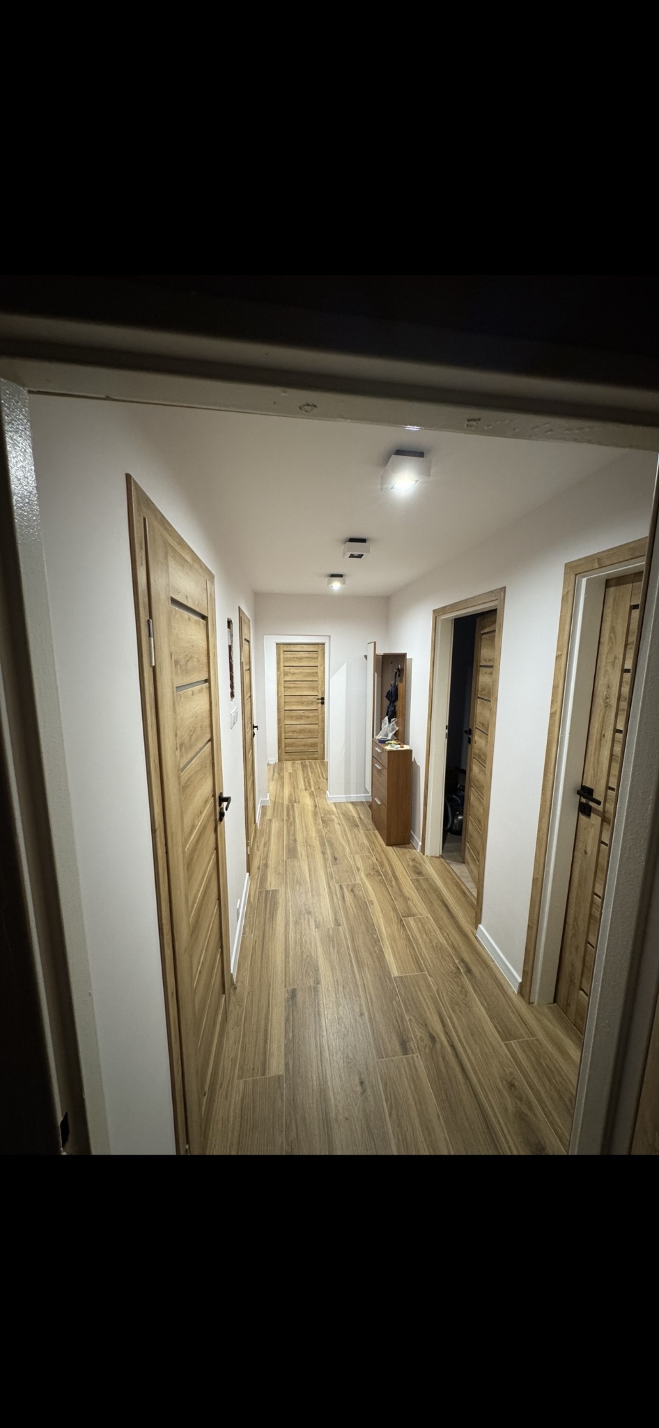 Długi korytarz z drewnianą podłogą i drzwiami w odcieniach brązu. Widok z perspektywy wejścia, oświetlenie sufitowe. Minimalistyczny design.