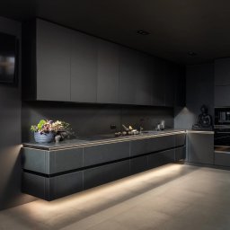 ViYar Polska - Nowoczesna, minimalistyczna kuchnia w odcieniach szarości z podświetleniem LED pod szafkami. Na blacie dekoracje, w rogu statuetka Buddy. Telewizor na ścianie.