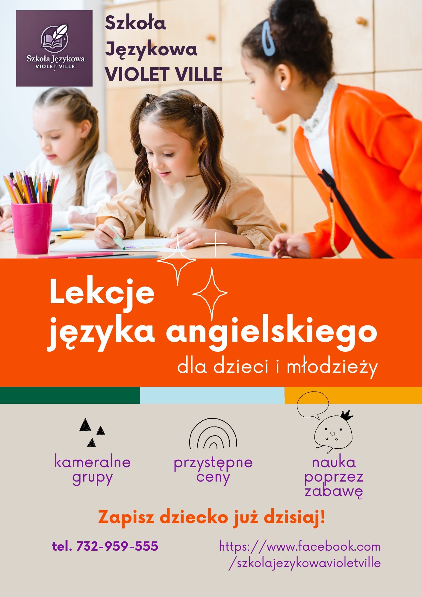 Szkoła językowa Violet Ville: Trzy uczennice rysują przy stole. Reklama szkoły językowej z hasłem 'Lekcje języka angielskiego dla dzieci i młodzieży'.