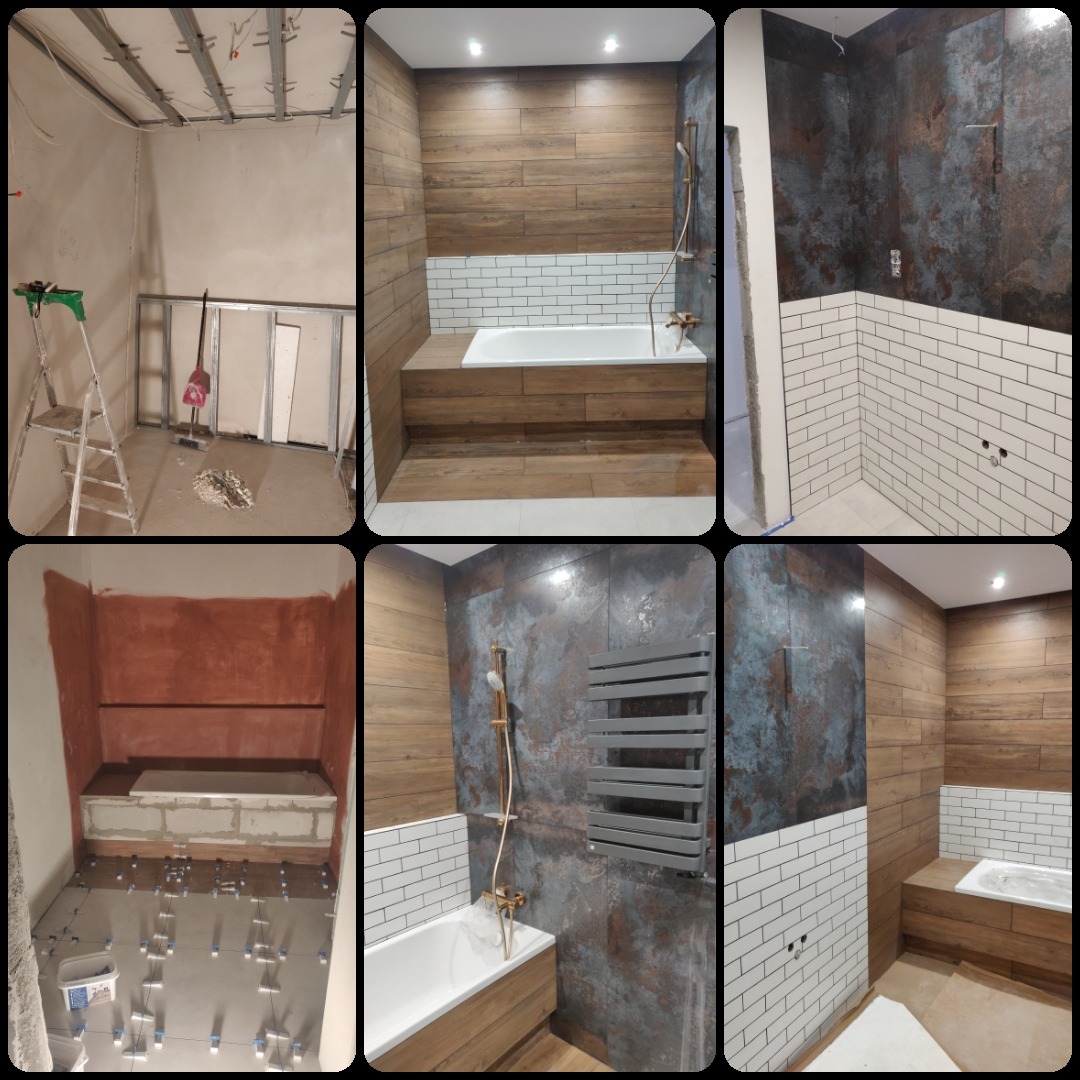 Etapy wykończenia łazienki: surowy stan, montaż płytek imitujących drewno, biała mozaika, instalacja wanny i grzejnika. Widoczne narzędzia i materiały.