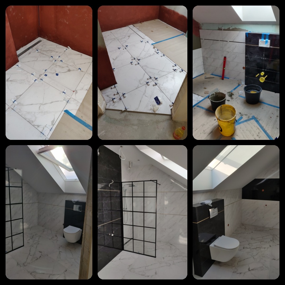 Remont łazienki na poddaszu: etapy układania płytek marmurowych na podłodze i ścianach, widok na kabinę prysznicową i toaletę pod oknem dachowym.