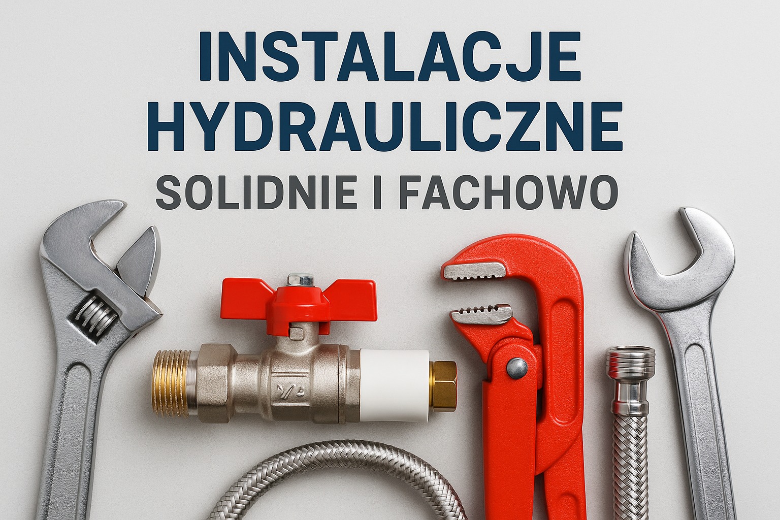 Narzędzia hydrauliczne: klucze, zawór z czerwoną rączką, wąż w oplocie, na jasnym tle z napisem 'Instalacje hydrauliczne solidnie i fachowo'.