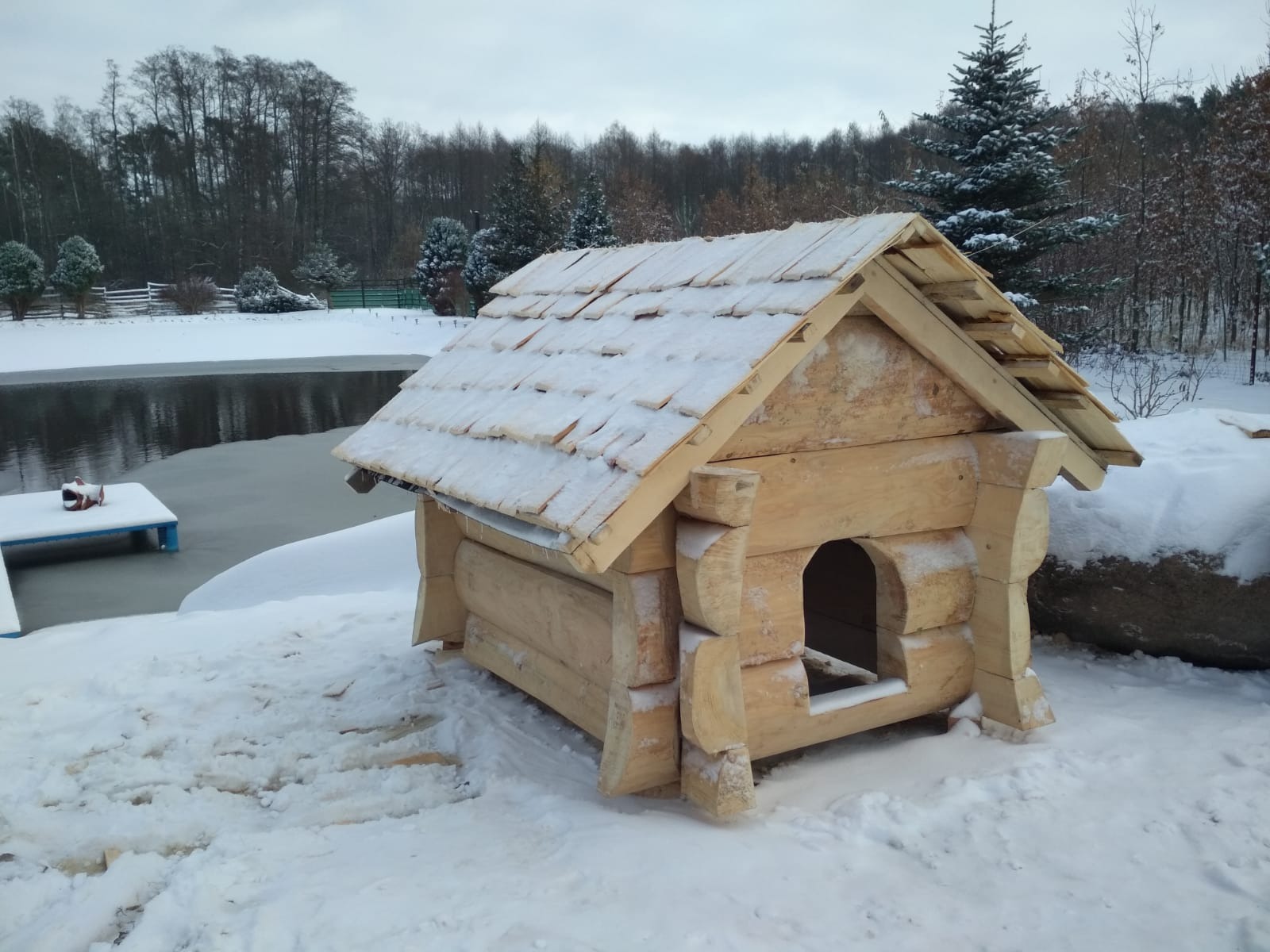 Mała, drewniana budowla z bali, przypominająca domek dla zwierząt, pokryta śniegiem. W tle zamarznięte jezioro i las. Pochmurny dzień.
