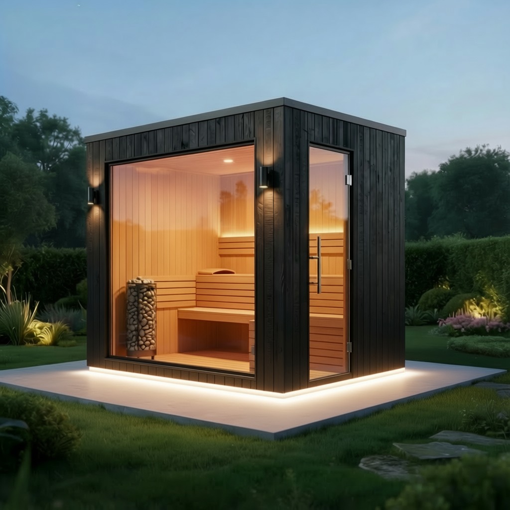 Nowoczesna sauna zewnętrzna z czarnym drewnem i przeszkleniami, oświetlona listwą LED u podstawy, otoczona zielenią ogrodu o zmierzchu. Wnętrze sauny wyłożone jasnym drewnem.