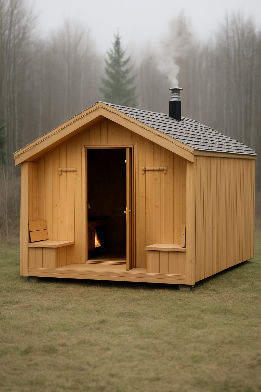 Drewniana sauna z otwartymi drzwiami, z komina unosi się dym. Widoczne ławki wewnątrz i na zewnątrz. Tło stanowi zalesiony teren w lekkiej mgle.