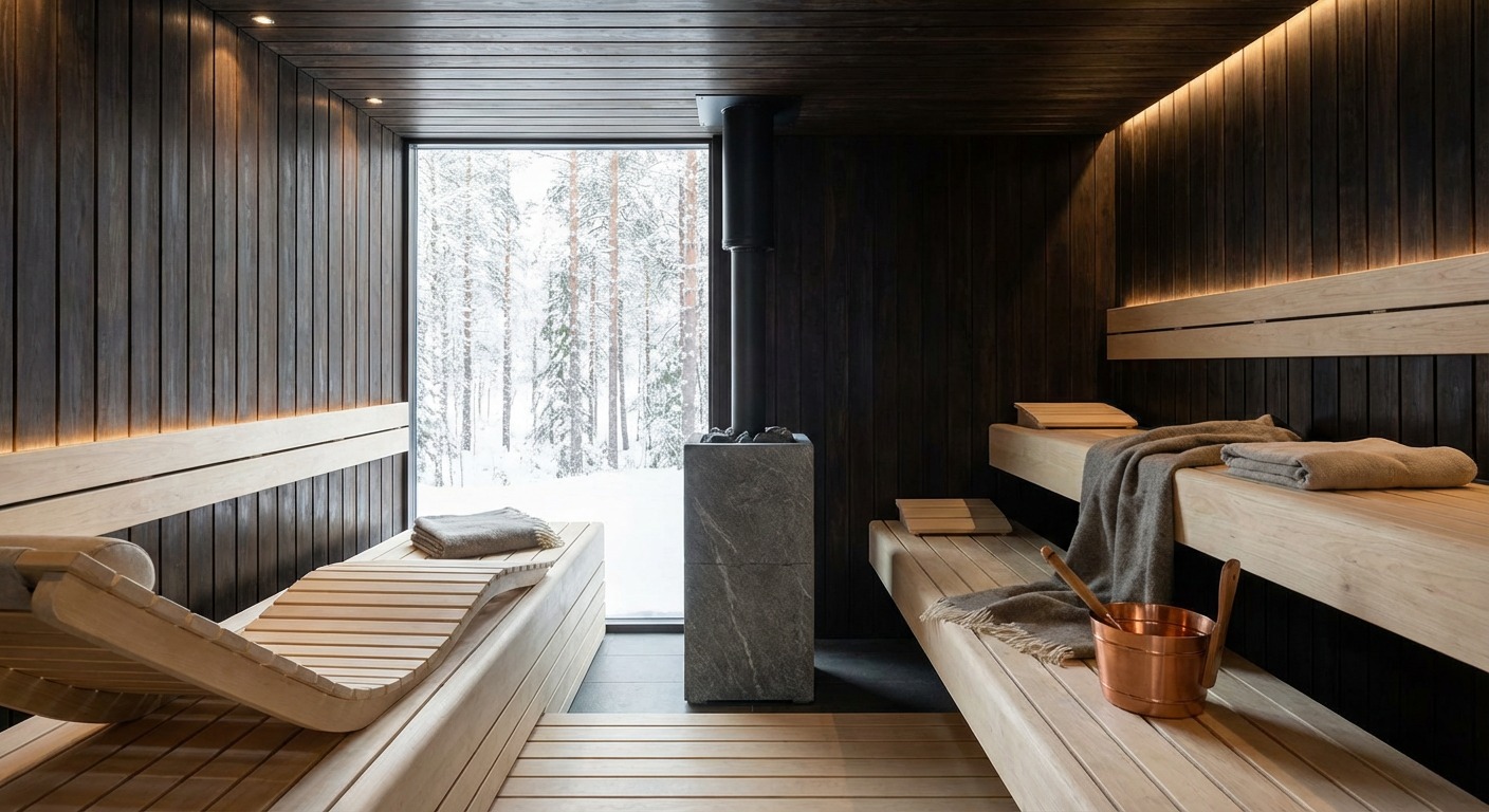 Nowoczesna sauna z drewnianymi ławami, piecem z kamieni i widokiem na zaśnieżony las przez duże okno. Minimalistyczny design, ciepłe oświetlenie.