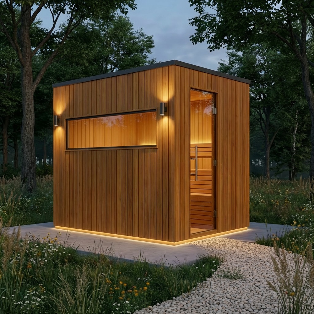 Nowoczesna sauna ogrodowa z drewna, oświetlona od dołu i z góry, z widocznym wnętrzem przez szklane drzwi, otoczona zielenią i kamienną ścieżką.