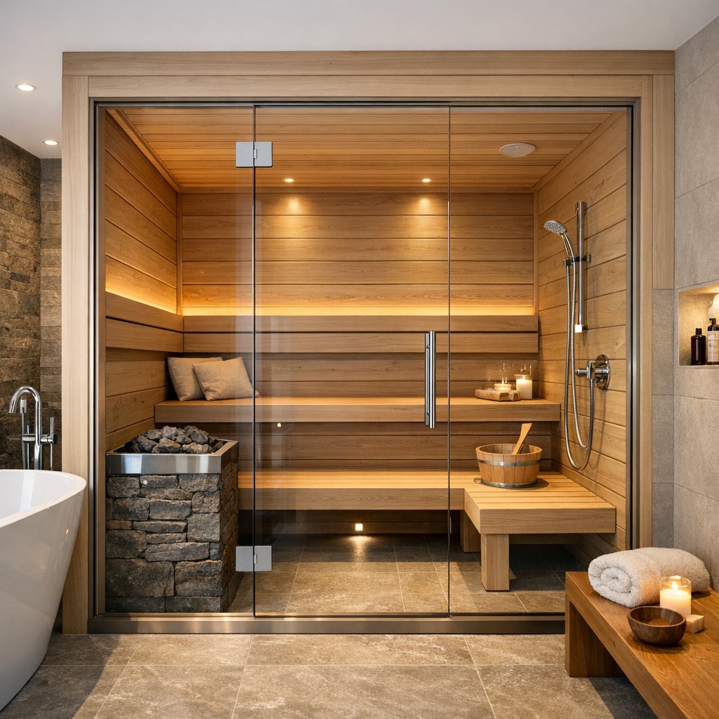 Nowoczesna sauna z przeszklonymi drzwiami, drewnianym wnętrzem, kamiennym piecem i prysznicem. Minimalistyczny design, ciepłe oświetlenie, relaksująca atmosfera.
