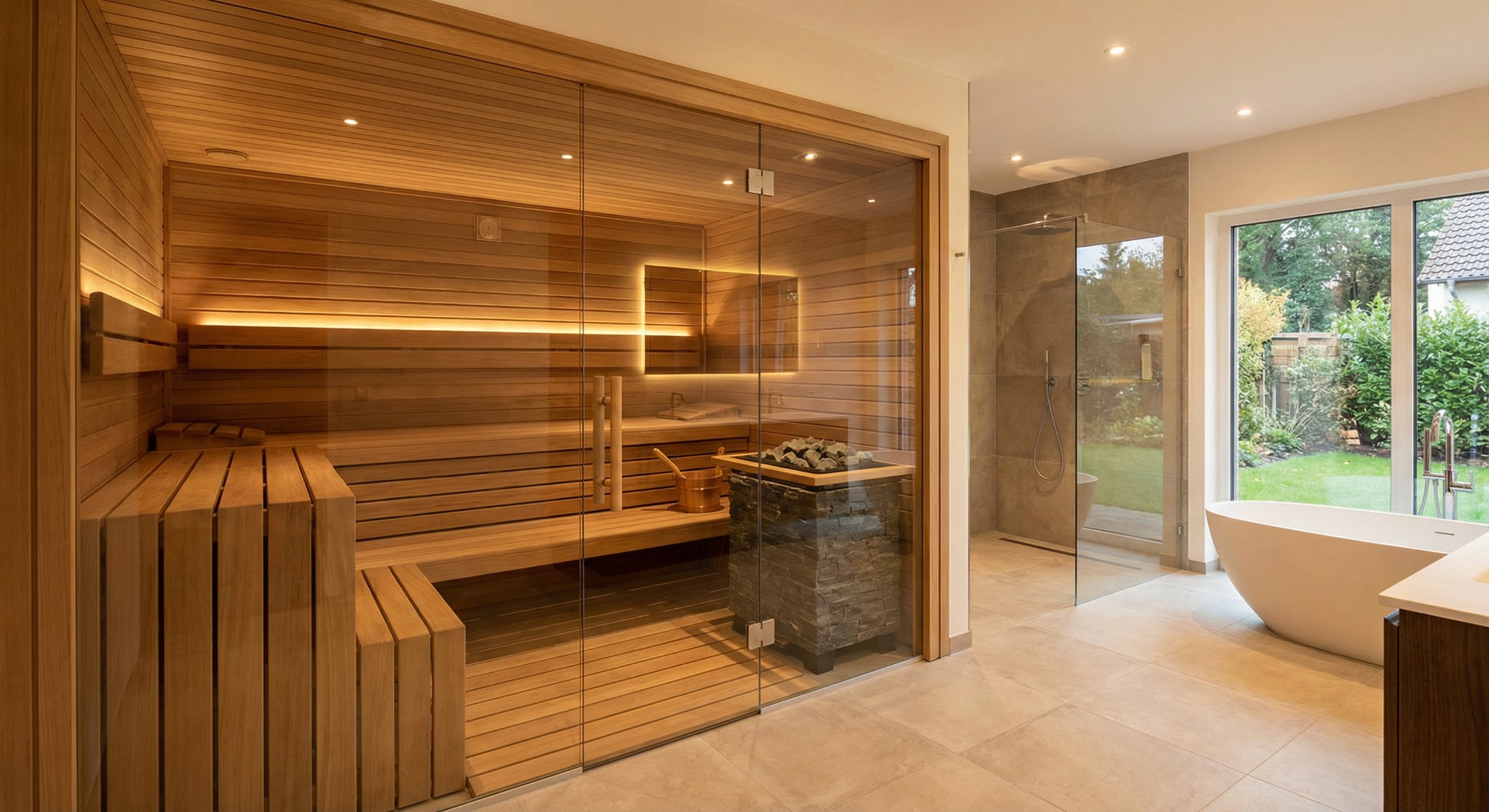 Nowoczesna sauna z przeszklonymi drzwiami, drewnianym wnętrzem i kamiennym piecem, połączona z łazienką z wanną i prysznicem. Widok na ogród przez okno.