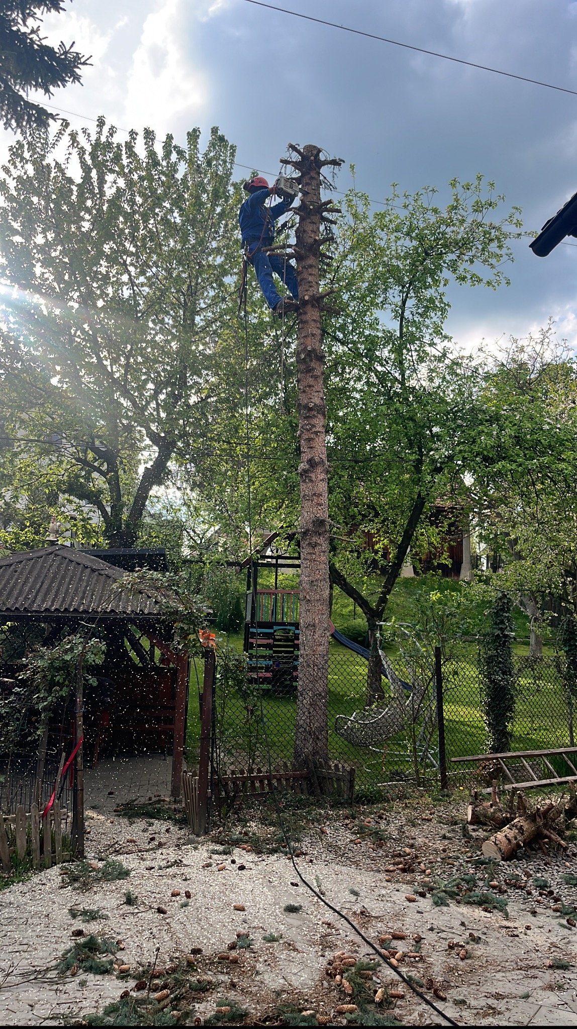 Arborysta w kasku i kombinezonie tnie wysokie drzewo piłą łańcuchową, zabezpieczony linami. Wokół leżą gałęzie i wióry, w tle zielony ogród z altaną i placem zabaw.