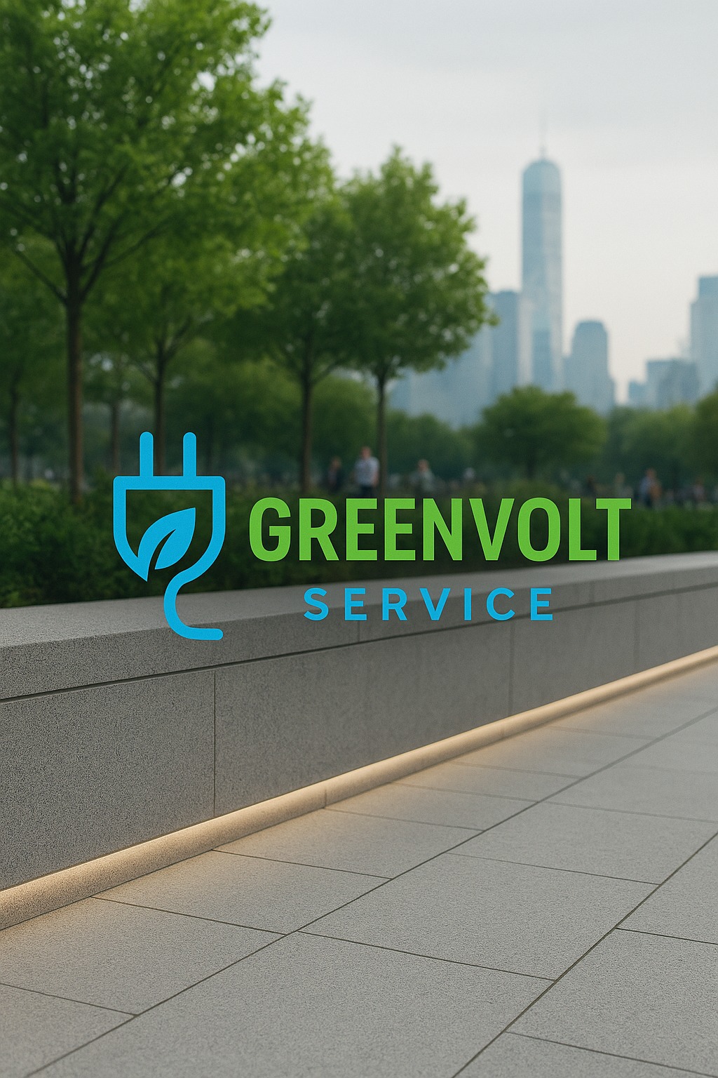 Logo Greenvolt Service z symbolem wtyczki i liścia na tle miejskiego parku z wieżowcami. Podświetlony murek i chodnik z płyt.