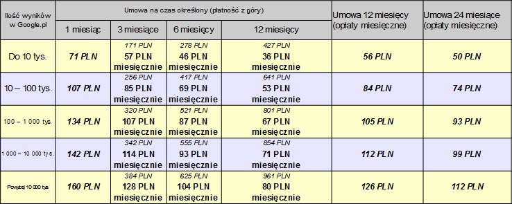 Tabela z cennikiem pozycjonowania stron internetowych w zależności od ilości wyników w Google i długości umowy, prezentująca opłaty miesięczne oraz płatności z góry za okres 1, 3, 6, 12 i 24 miesięcy.