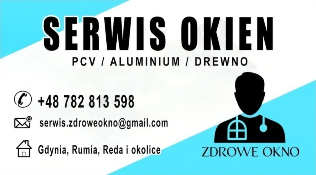 Grafika z napisem 'Serwis Okien', numerem telefonu, adresem email i logotypem firmy 'Zdrowe Okno' z Gdyni, Rumi i Redy. PCV, aluminium, drewno.