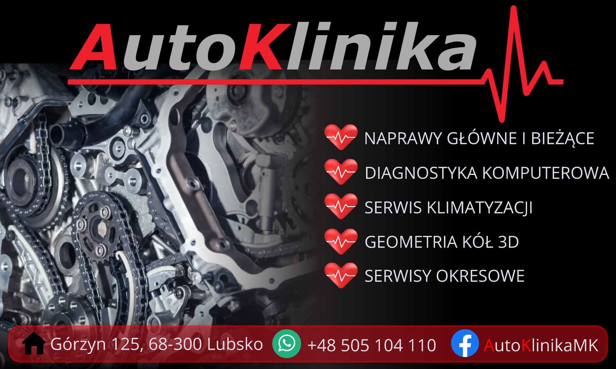 Silnik samochodowy z łańcuchem rozrządu, logo AutoKlinika, dane kontaktowe i lista usług: naprawy, diagnostyka, klimatyzacja, geometria kół, serwisy okresowe.
