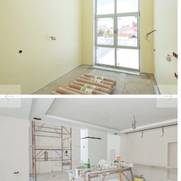 Ion popescu - Dwa ujęcia wnętrza w trakcie remontu: pokój z oknem i rolkami na podłodze oraz pomieszczenie ze rusztowaniem i narzędziami malarskimi. Widoczne puszki elektryczne.