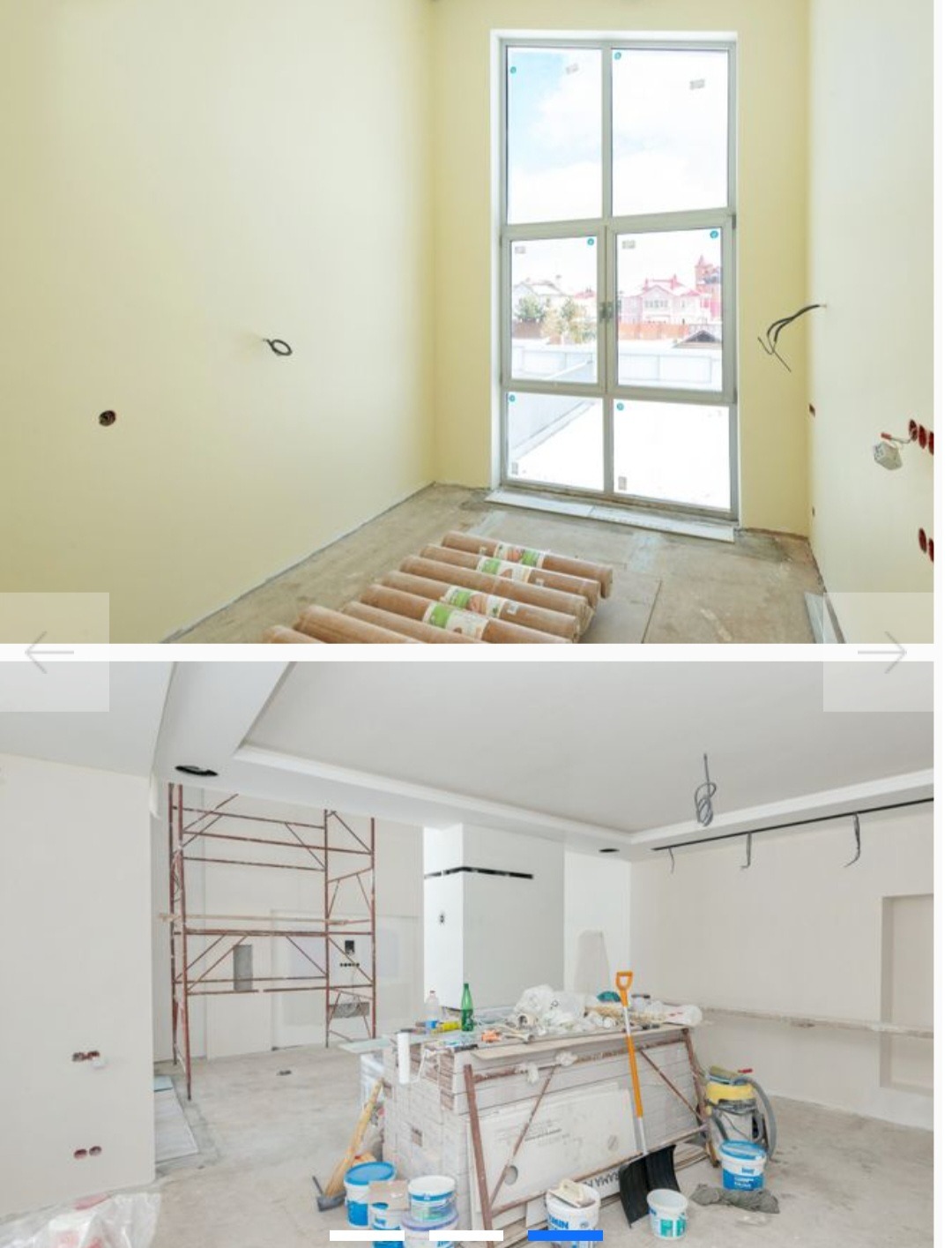 Dwa ujęcia wnętrza w trakcie remontu: pokój z oknem i rolkami na podłodze oraz pomieszczenie ze rusztowaniem i narzędziami malarskimi. Widoczne puszki elektryczne.
