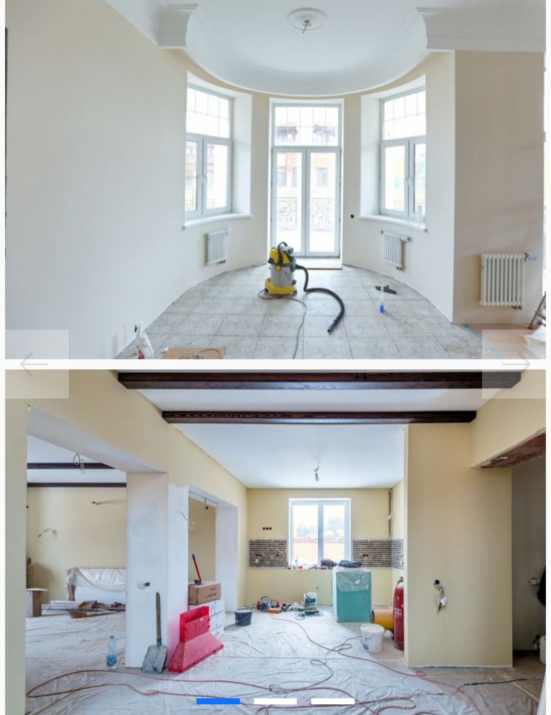 Dwa ujęcia wnętrz w trakcie remontu: pokój z odkurzaczem i kuchnia z zabezpieczoną podłogą. Widoczne narzędzia i materiały budowlane. Jasne, naturalne światło.