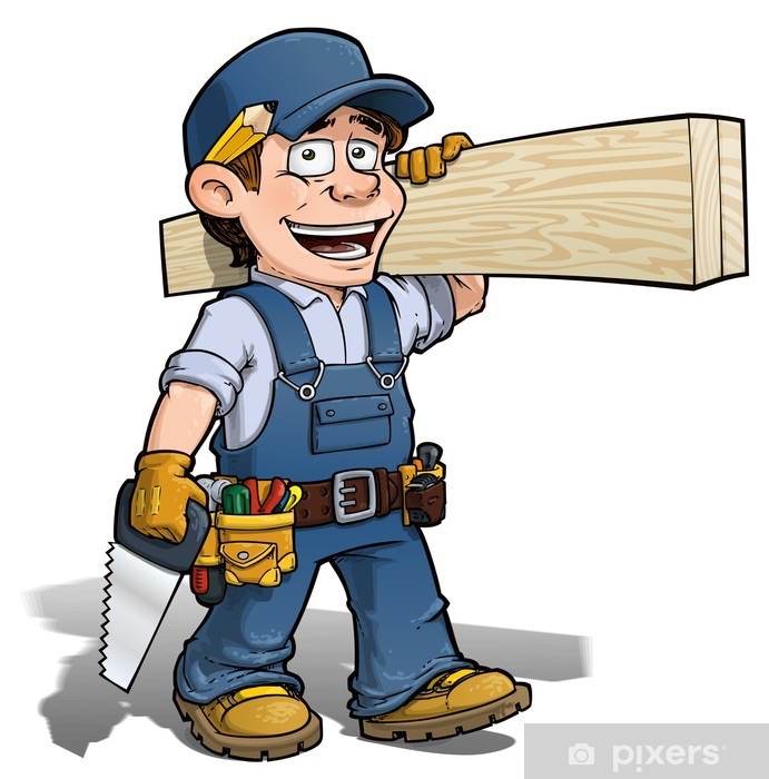 Karykatura uśmiechniętego majstra w niebieskim kombinezonie, z deską na ramieniu i piłą w dłoni, prezentująca narzędzia w pasie.